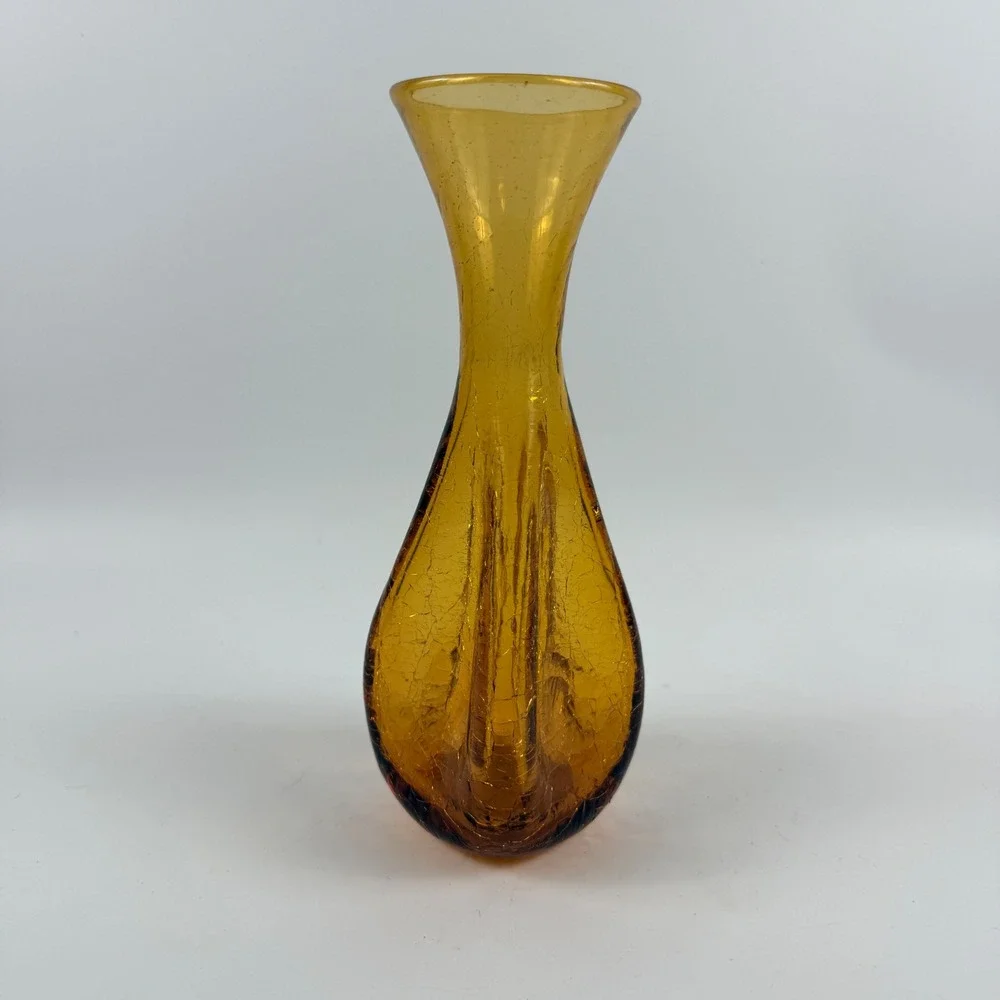 Vintage American Amber Crackle Art Glass Pinched Optic Vase Mid‎ Century